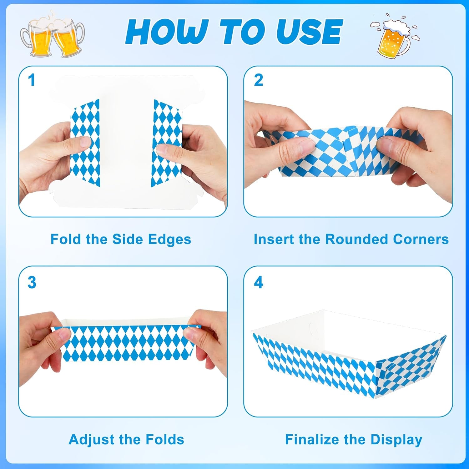 50 PCS Oktoberfest Decorations, Disposable Oktoberfest Paper Food Trays, Fold-To-Assemble Beer Festival Blue White Decoration, Oktoberfest Snacks Take Out Food Serving Trays for German Party Supplies