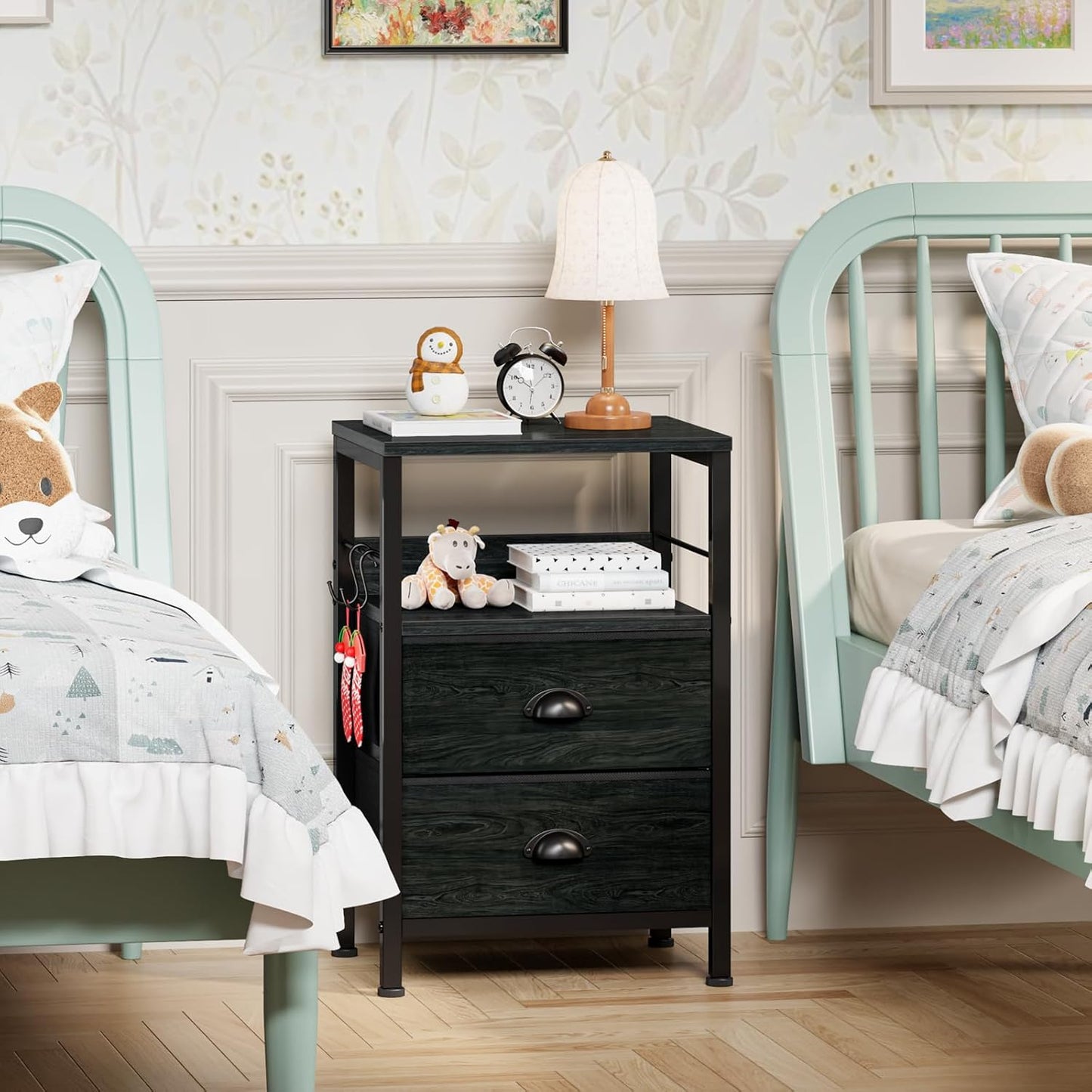 Nightstands Set 2, End Tables with 2 Fabric Drawers, Bedside Tables with Hooks and Shelf, Side Tables for Bedroom/Living Room/Study/Black Oak