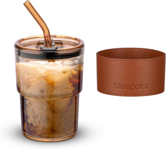 13Oz/400Ml Tumbler Water Glass, Cups with Straw and Lid Sealed Carry on for Coffee, Iced Tea, Thick Wall Insulated Glass Cup (Amberwith Protect Sleeve)