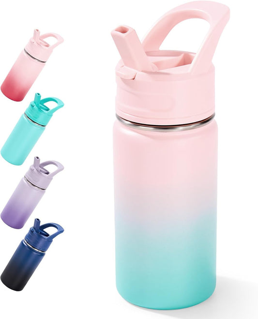 12Oz Kids Water Bottle for School, Toddler Bottles with Straws, Stainless Steel Vacuum Insulated Water Bottle for Boys&Girls, Leak-Proof, Bpa-Free, Bubble Gum