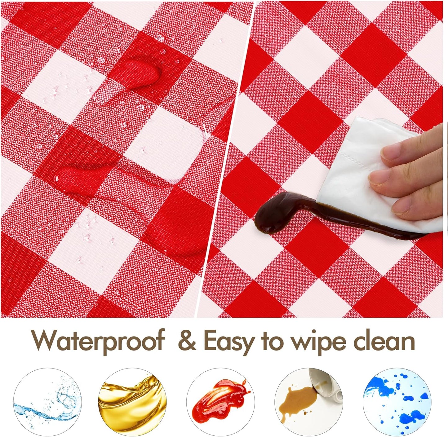 Waterproof Fitted Round Tablecloth with Elastic - Set of 4 Gingham Vinyl Table Covers with Flannel Backing for Outdoor Use, Red and White (Designed for 57"-68" Round Tables)