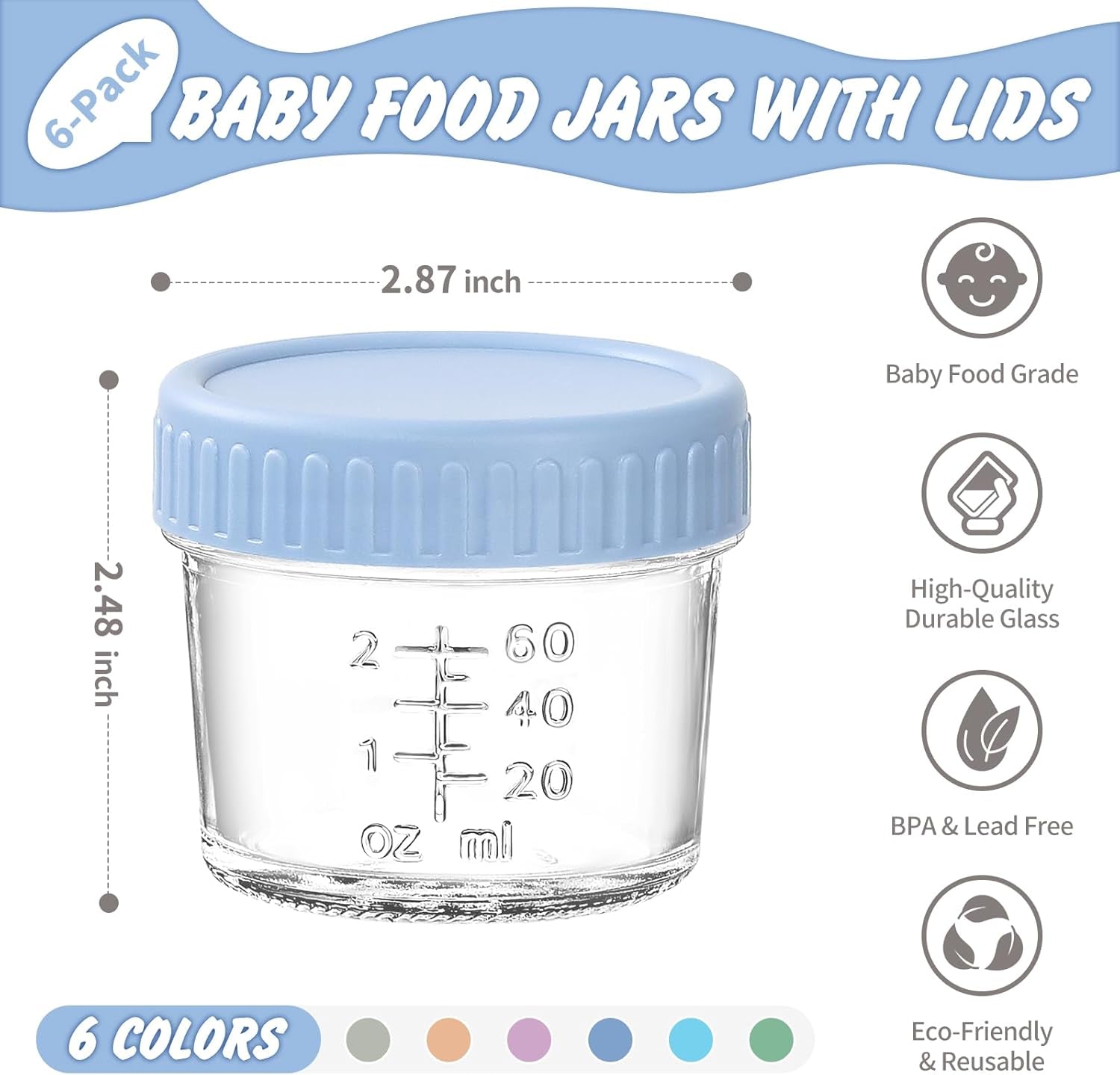 6-Pack Glass Baby Food Storage Containers - 4 oz Jars with Lids, Microwave and Dishwasher Safe, Freezer Safe, 100% Leak Proof, BPA Free, Reusable