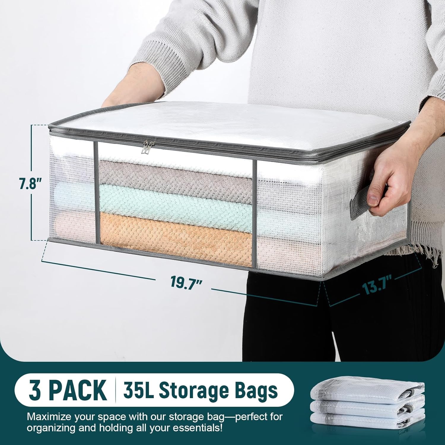 3-Pack Clothes Storage Bags, Plastic Foldable Blanket Storage Bins, Closet Organizer Container for Bedroom, Bedding, Comforters, Pillows, and Clothing - 35L with Handles