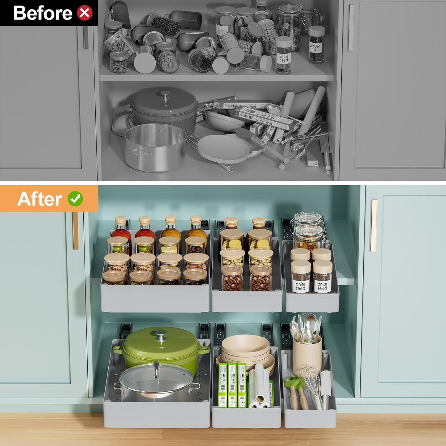 3 Pack Pull Out Cabinet Organizer, 15.7" Deep Pull Out Drawers for Cabinets, Slide Out Drawers for Kitchen Cabinets, Bathroom Cabinet Organizer, Pantry (Grey)
