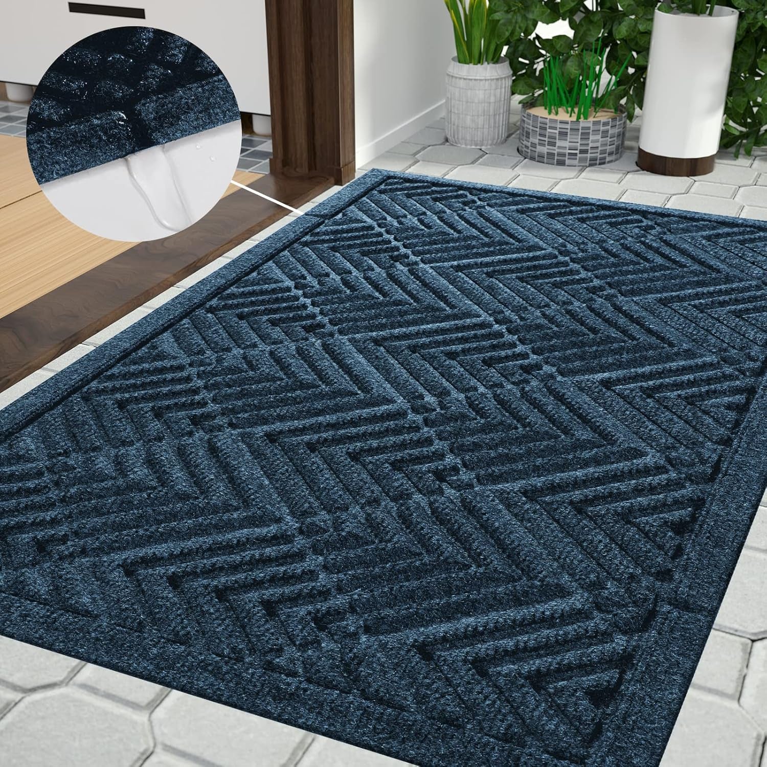 Door Mat Outdoor Entrance with Water Freeing Port, Heavy Duty Sturdy Non Slip Front Doormat Outdoor Indoor for Home Entranway, Patio Entrance Mat, Natural Rubber Backing, 29.5 X 17 Inch, Blue