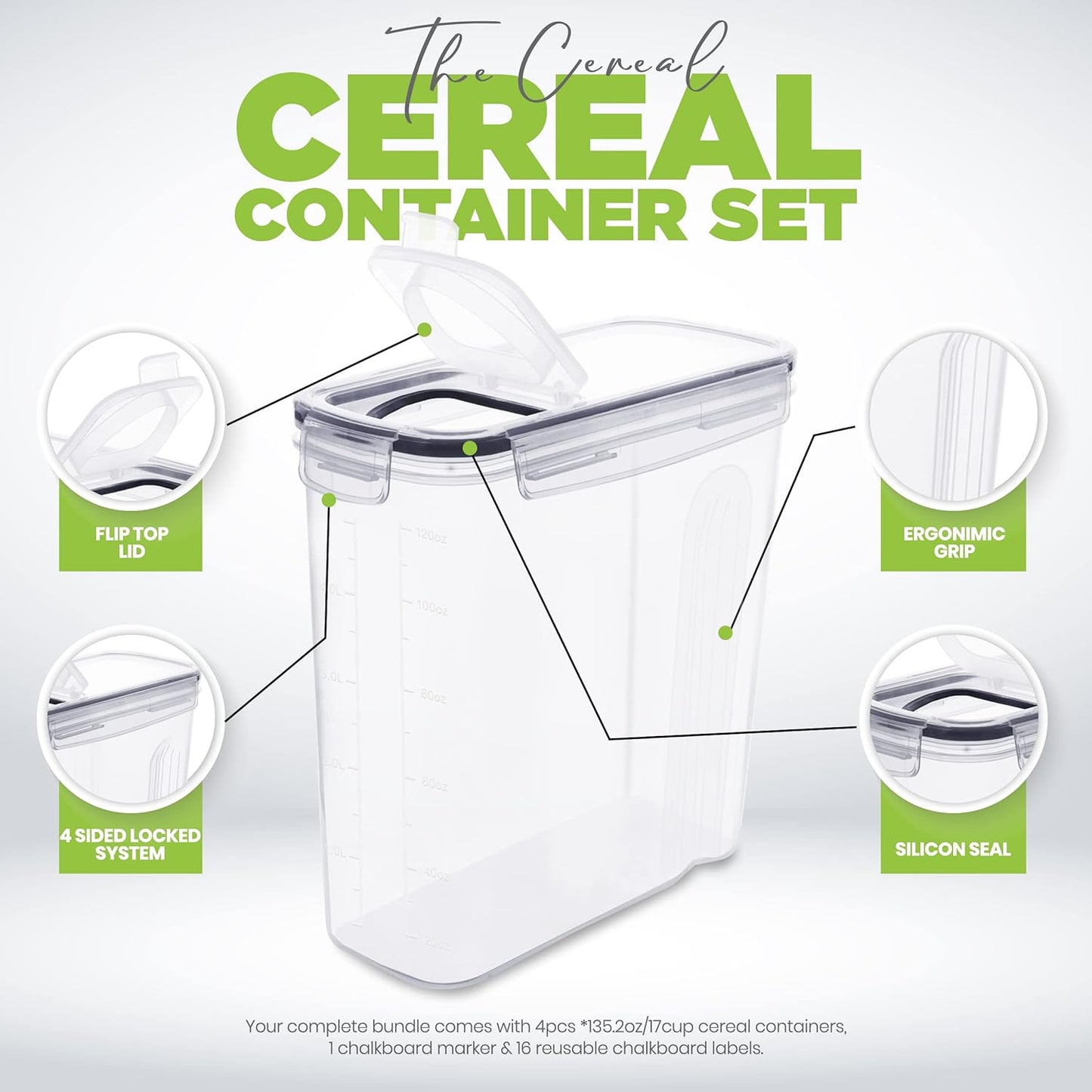 Cereal Containers Storage - Liter Airtight Food Storage Containers & Cereal Dispenser for Pantry Organization and Storage (Clear, 4 Liter Pack of 4)