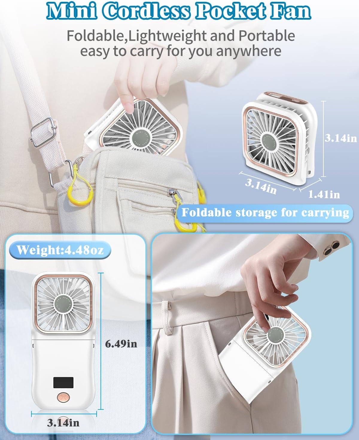 Handheld Fan Rechargeable,Portable Fan Battery Operated with LED Display,Mini Small Hand Foldable Fans with Power Bank,4000Mah Travel Personal Fans,Makeup Lashfan for Girls Women Kids