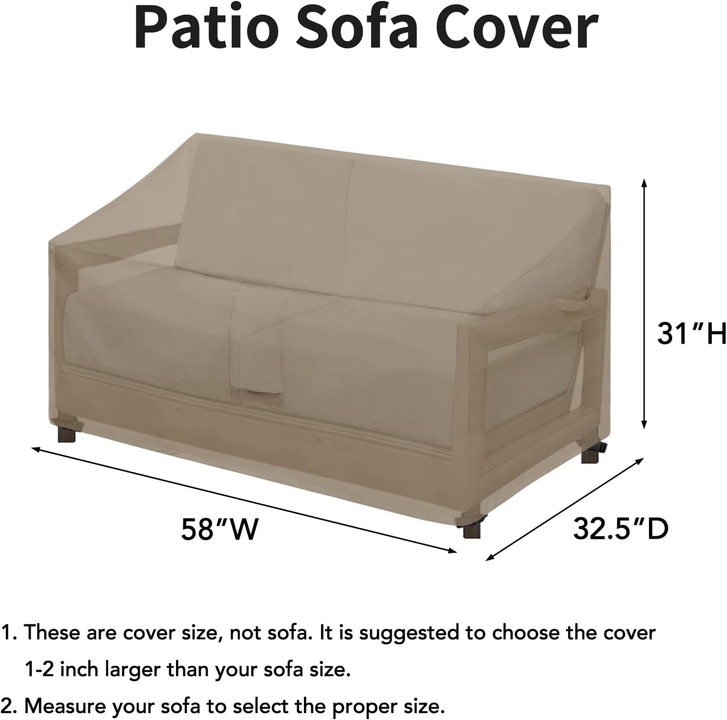 Waterproof Patio Sofa Cover UV Resistant 2 Seater Outdoor Loveseat Cover Weatherproof Lawn Patio Furniture Cover with Tape Sealed Seam (58Wx32.5Dx31H Inch, Camel)
