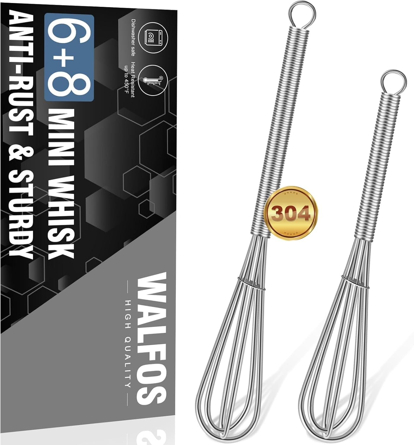 Mini Whisk,Non-Rust Whisk,304 Stainless Steel Small Whisk.Heat Resistant 450℉.6+8Inch Tiny Whisk Nice for Whisking, Blending Ingredients, Beating, Mixing Sauces (Silver)