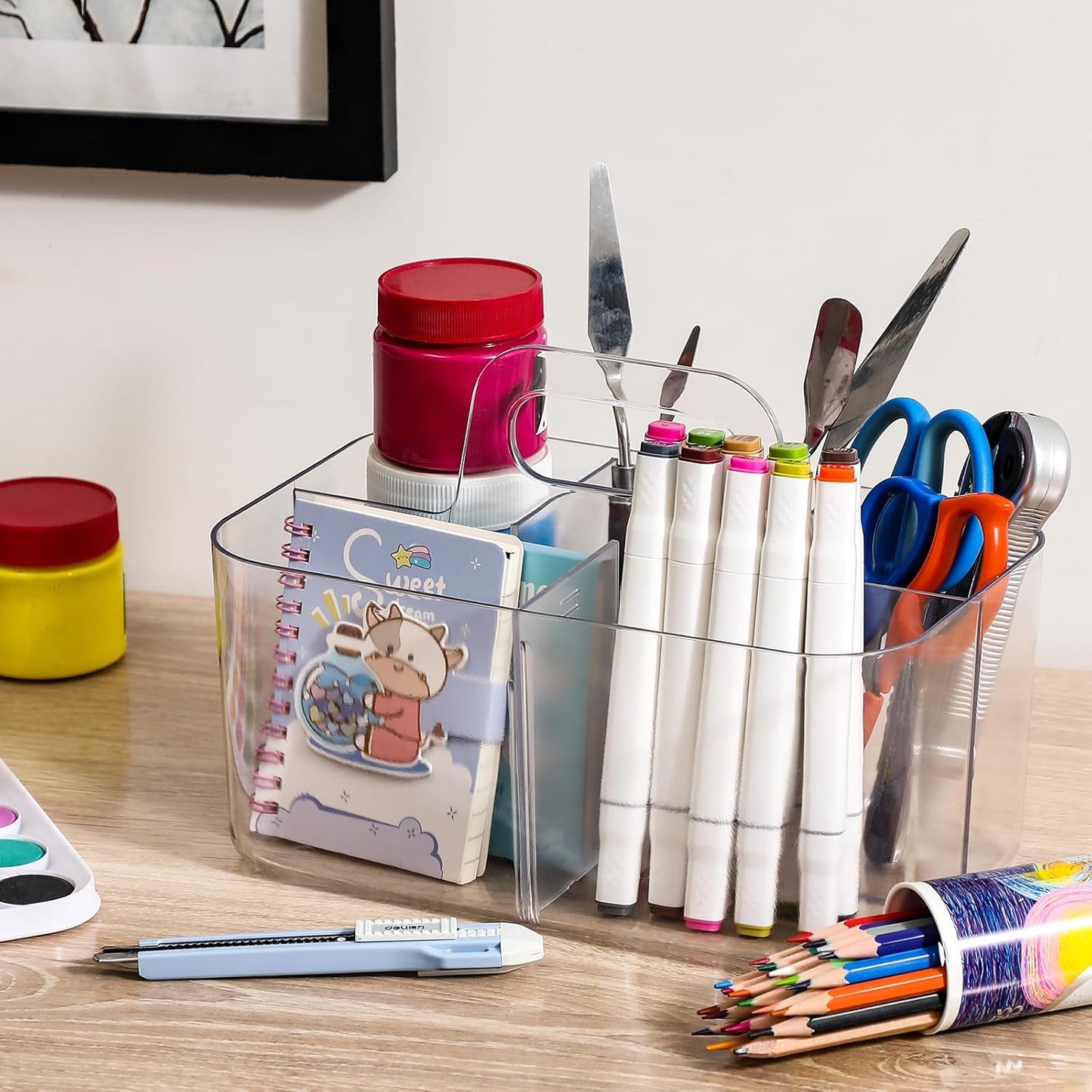 Multiuse Caddy Organizer with Handle - Stackable Plastic Tote Bin - Art Craft Supplies, Office, Desk, Stationery Pen Holder, Kitchen, Utensil, Makeup, Bathroom, Shower, Cleaning, Dorm Organizer -Clear