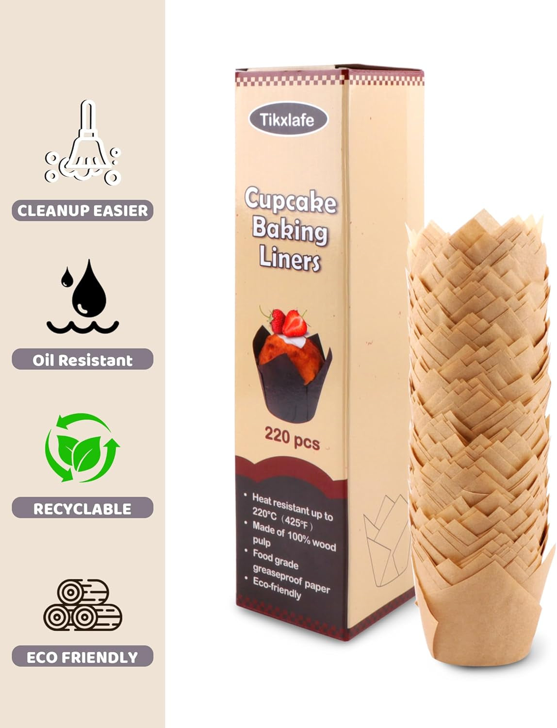 220Pcs Tulip Cupcake Liners for Baking Cups,Greaseproof Cupcake Wrappers in Standard Size,Parchment Paper Tulip Muffin Liners,Natural