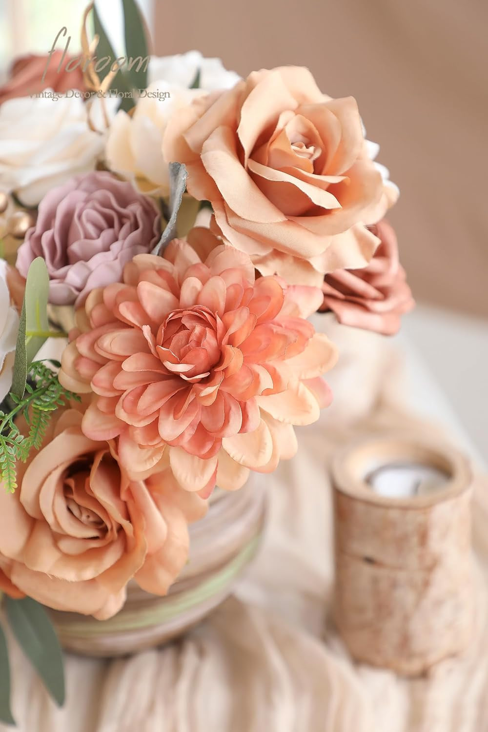 Terracotta Artificial Floral Arrangement Set with Burnt Orange Roses, Peonies, and Dahlias for DIY Wedding Bouquets, Bridal Showers, Centerpieces, and Home Decor
