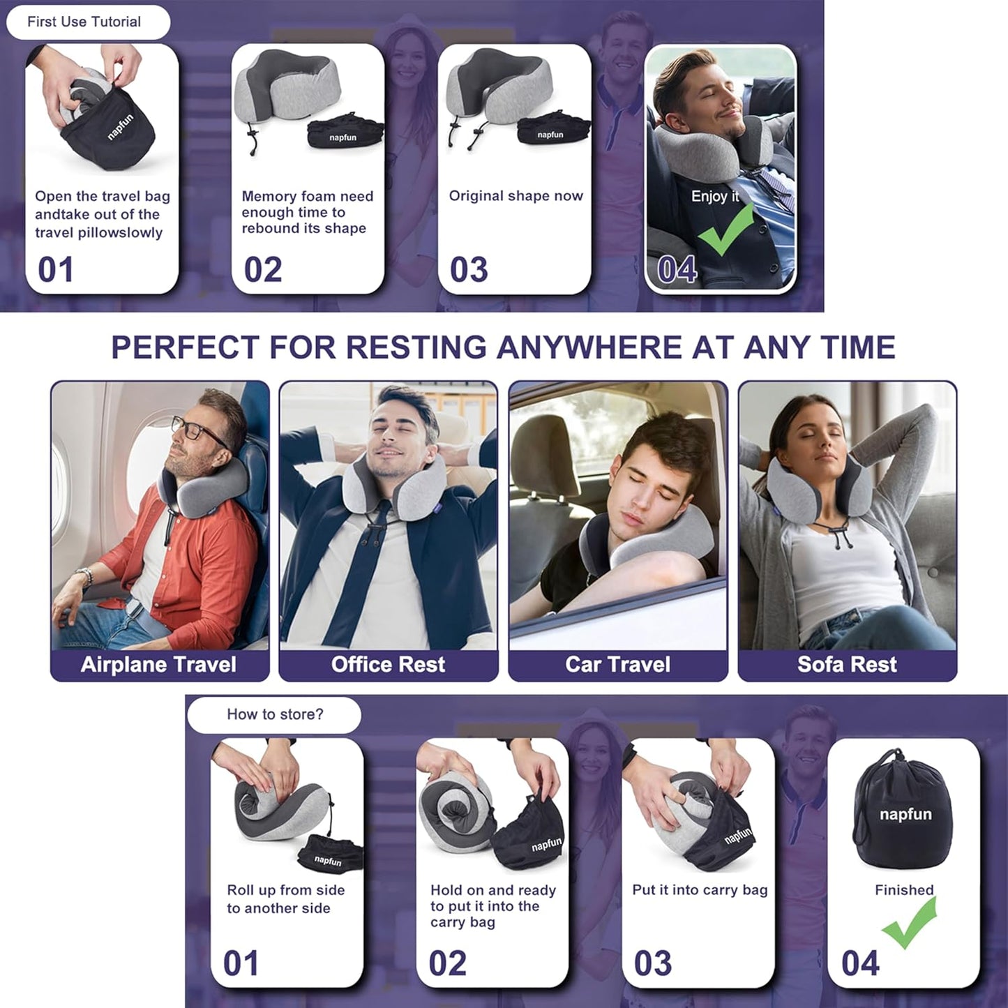 Neck Pillow for Traveling, Upgraded Travel Neck Pillow for Airplane 100% Pure Memory Foam Travel Pillow for Flight Headrest Sleep, Portable Plane Accessories, Light Grey
