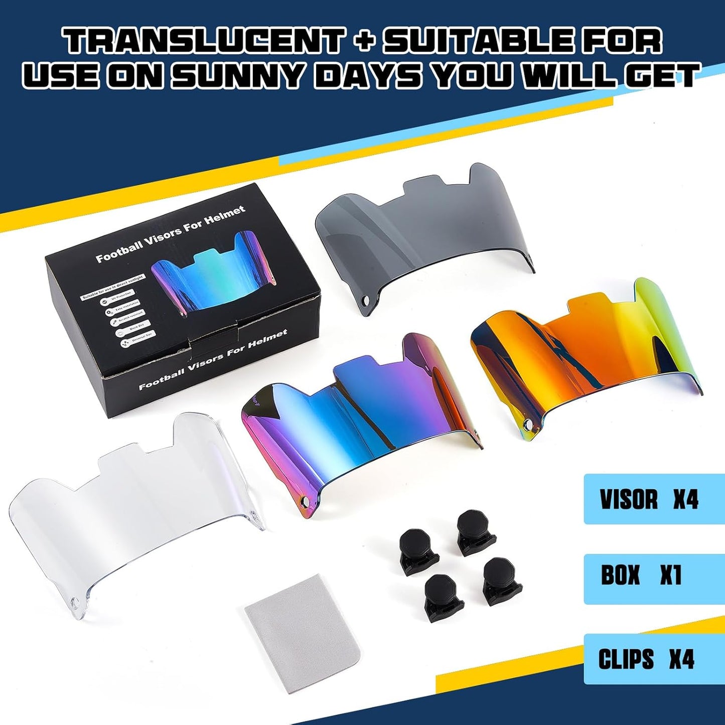 4-Pack Clear Football Helmet Visors - Scratch Resistant, UV Protection, Adult and Youth Lacrosse Eye and Facial Shield (Classic Colors)