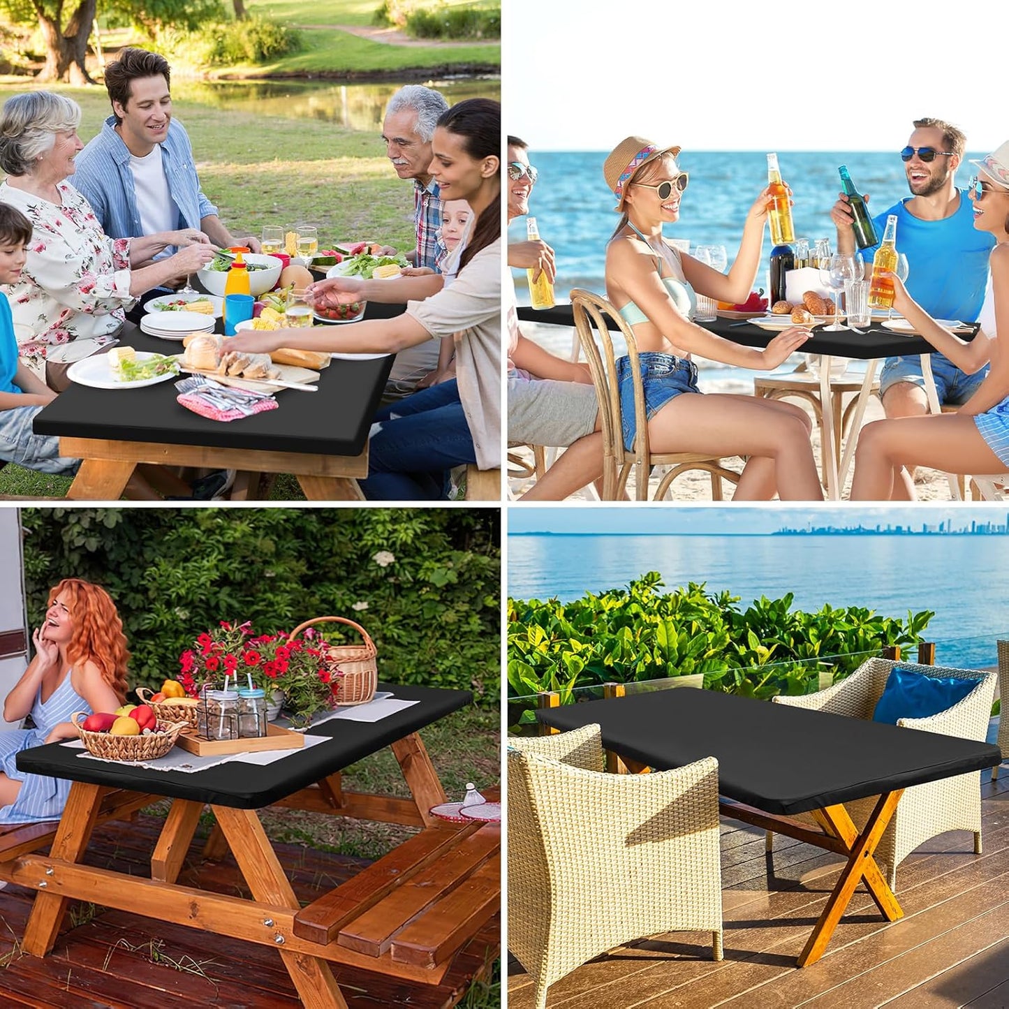 Rectangle Table Cloth Cover, Waterproof Polyester Elastic Fitted Tablecloth, Fits for 6 Foot Folding Tables, Washable Table Protector for Picnic, Camping, Outdoor (Black, 30" X 72")