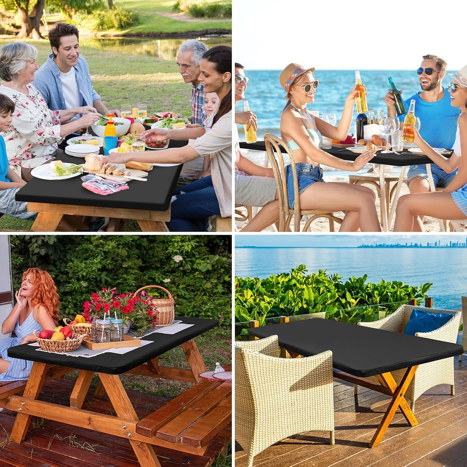 Rectangle Table Cloth Cover, Waterproof Polyester Elastic Fitted Tablecloth, Fits for 6 Foot Folding Tables, Washable Table Protector for Picnic, Camping, Outdoor (Black, 30" X 72")