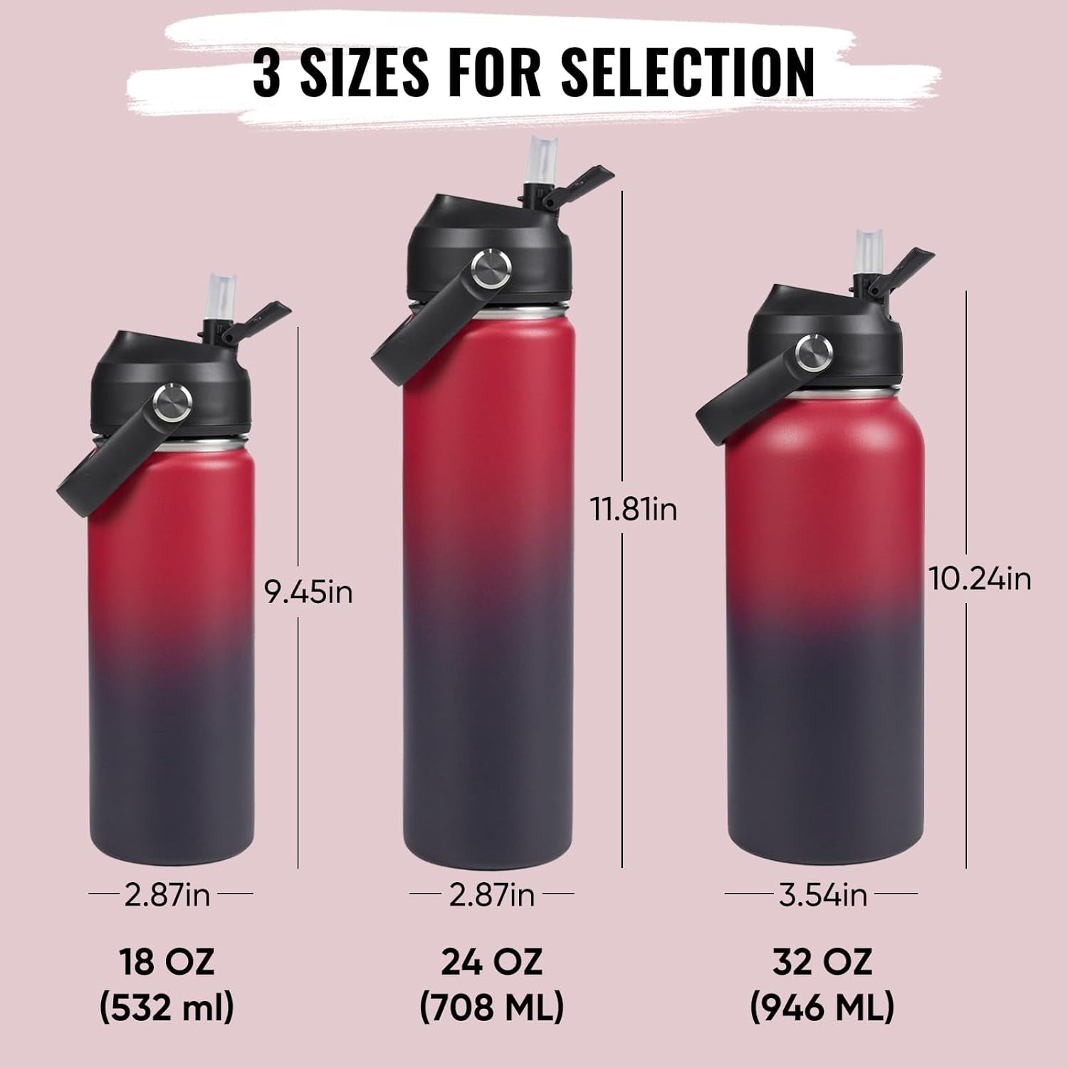 18Oz Insulated Stainless Steel Water Bottle, Wide Mouth Double Wall Vacuum, Silicone Straw, Sweat & Leak Proof, BPA Free Insulated Water Flask for Travel, Keep Cold 24H Hot 12H, Red