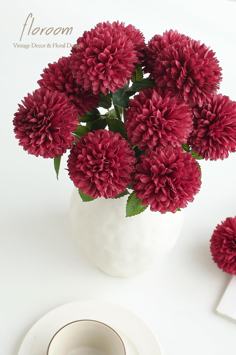 12-Piece Burgundy Faux Silk Chrysanthemums - Artificial Flowers with Stems for DIY Wedding Bouquets, Table Centerpieces, Floral Arrangements, and Home Decor