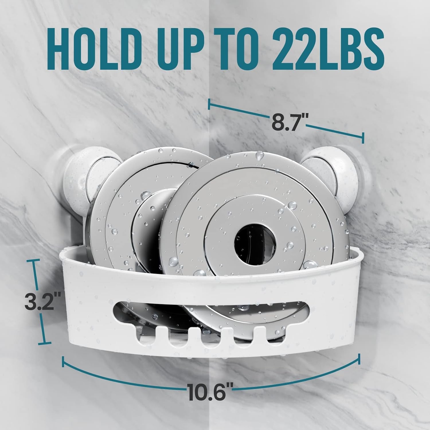 Corner Shower Caddy with Suction Cups, Wall Mounted Organizer Plastic Rack for Small Bathrooms, Kitchen, Removable Drill-Free Heavy Duty Shelf Basket, White