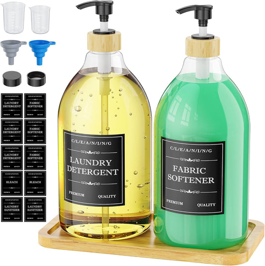 Liquid Laundry Detergent Dispenser with Bamboo Tray, 2 Pack 64 Oz Plastic Laundry Soap Dispenser, Fabric Softener Dispenser with Pump and Labels for Laundry Room Decor and Organization