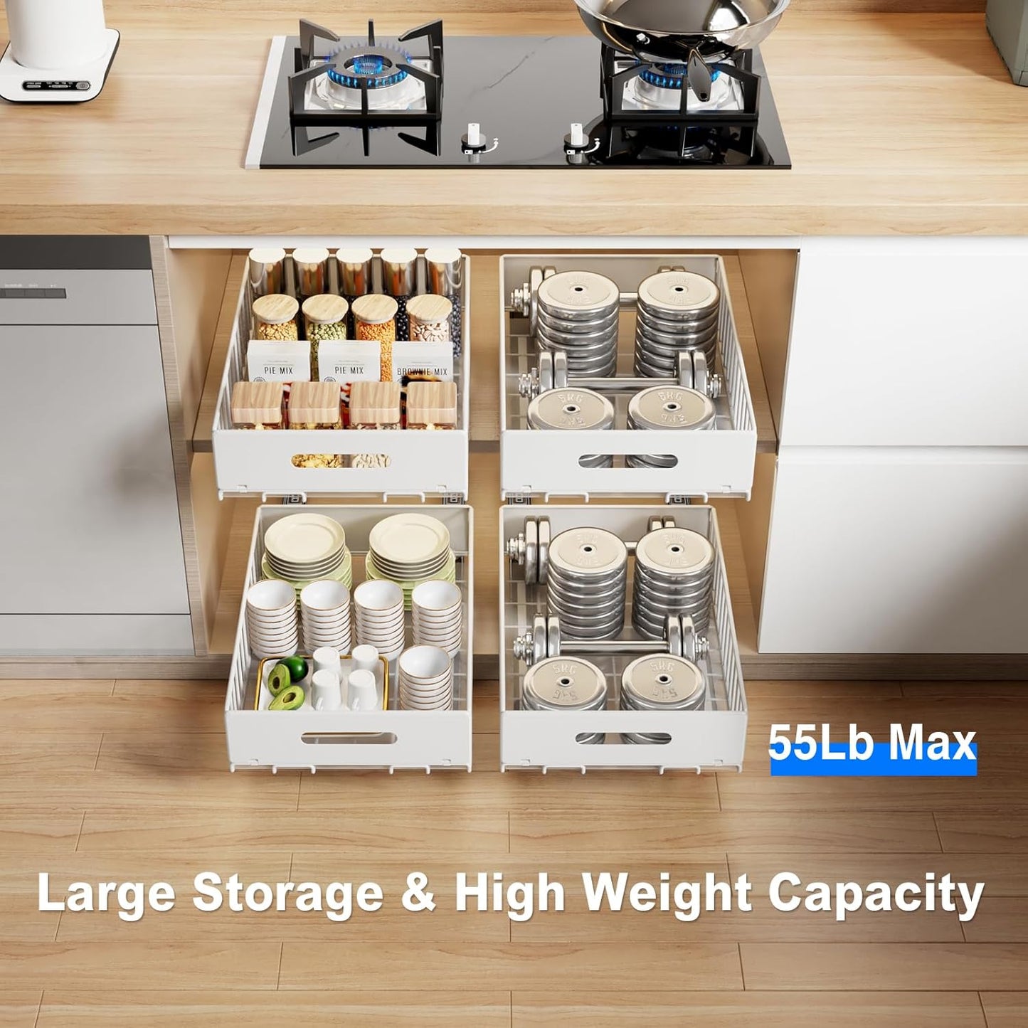 2 Pack Pull Out Cabinet Organizer, Slide Out Cabinet Drawers Peel and Stick Pull Out Drawers Heavy Duty Pull Out Shelf for Kitchen, Cupboard, Pantry, Bathroom (16.5" D*11.8" W*3.94" H-White)