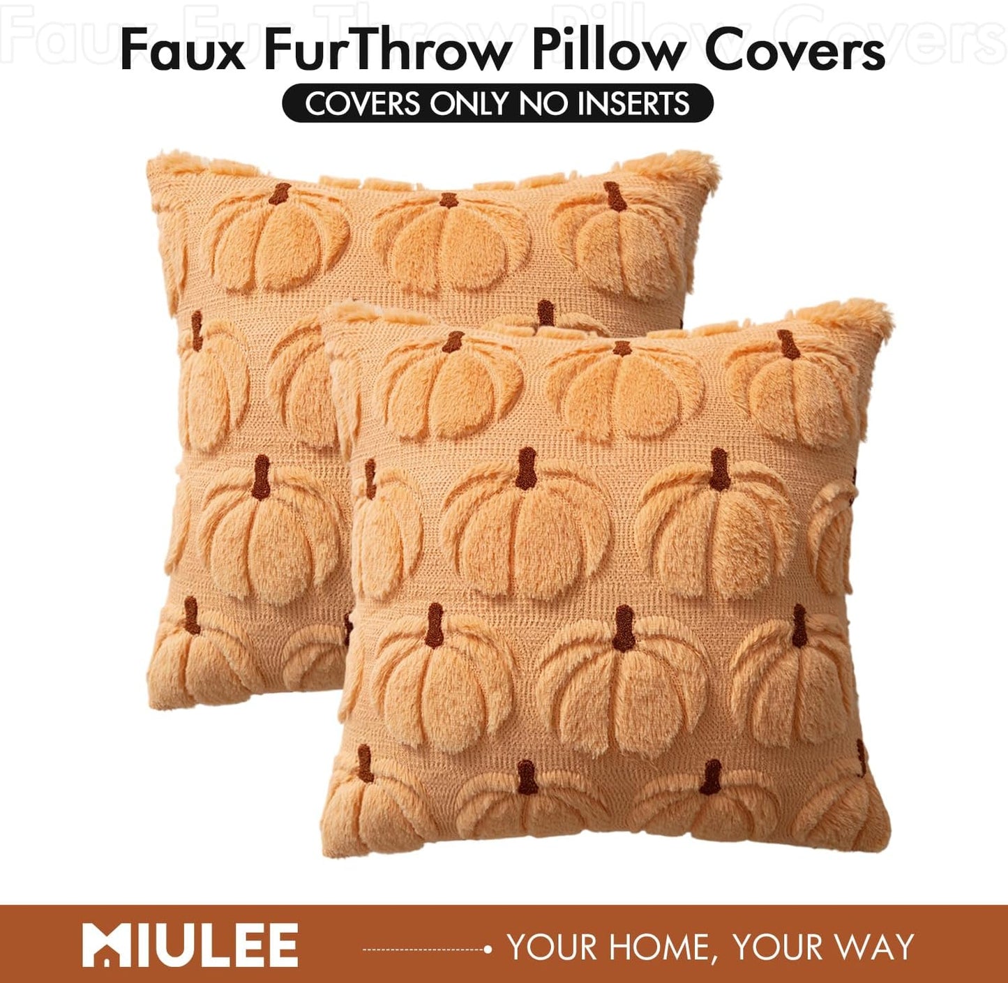 Autumn-Inspired Pumpkin Decorative Throw Pillow Covers - Set of 2, 18 x 18 Inches, Soft Plush Faux Fur for Farmhouse and Halloween Décor
