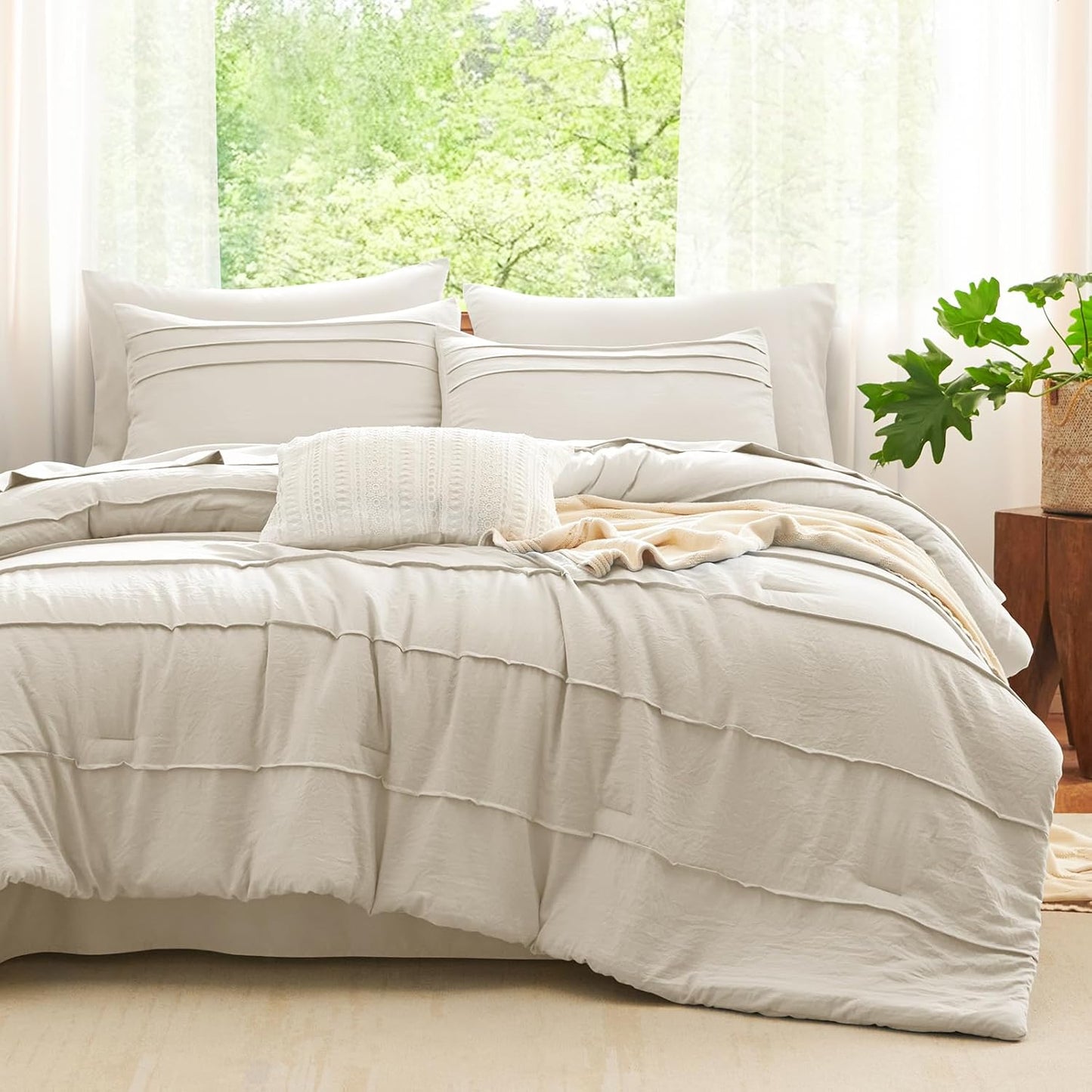 Queen Comforter Set Beige, 7 Pieces Soft Prewashed Pinch Pleat Bed in a Bag Queen Comforter Set with Sheets, Boho Bed Set with down Alternative Comforter, Sheets, Pillowcases & Shams