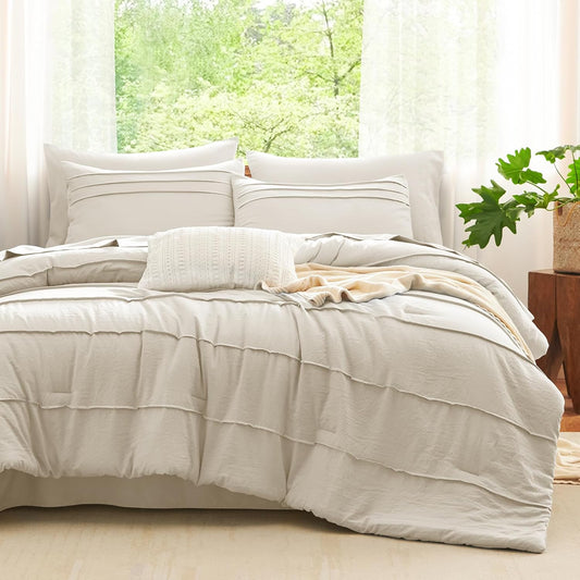 Queen Comforter Set Beige, 7 Pieces Soft Prewashed Pinch Pleat Bed in a Bag Queen Comforter Set with Sheets, Boho Bed Set with down Alternative Comforter, Sheets, Pillowcases & Shams