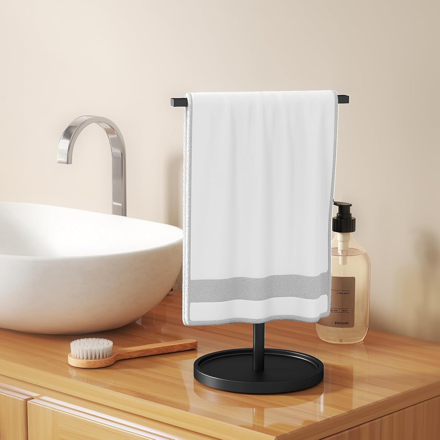 Hand Towel Stand, Towel Holder Stand for Bathroom Countertop Kitchen, 16.5IN Adjustable Retractable T-Shape Hand Towel Rack, Matte Black