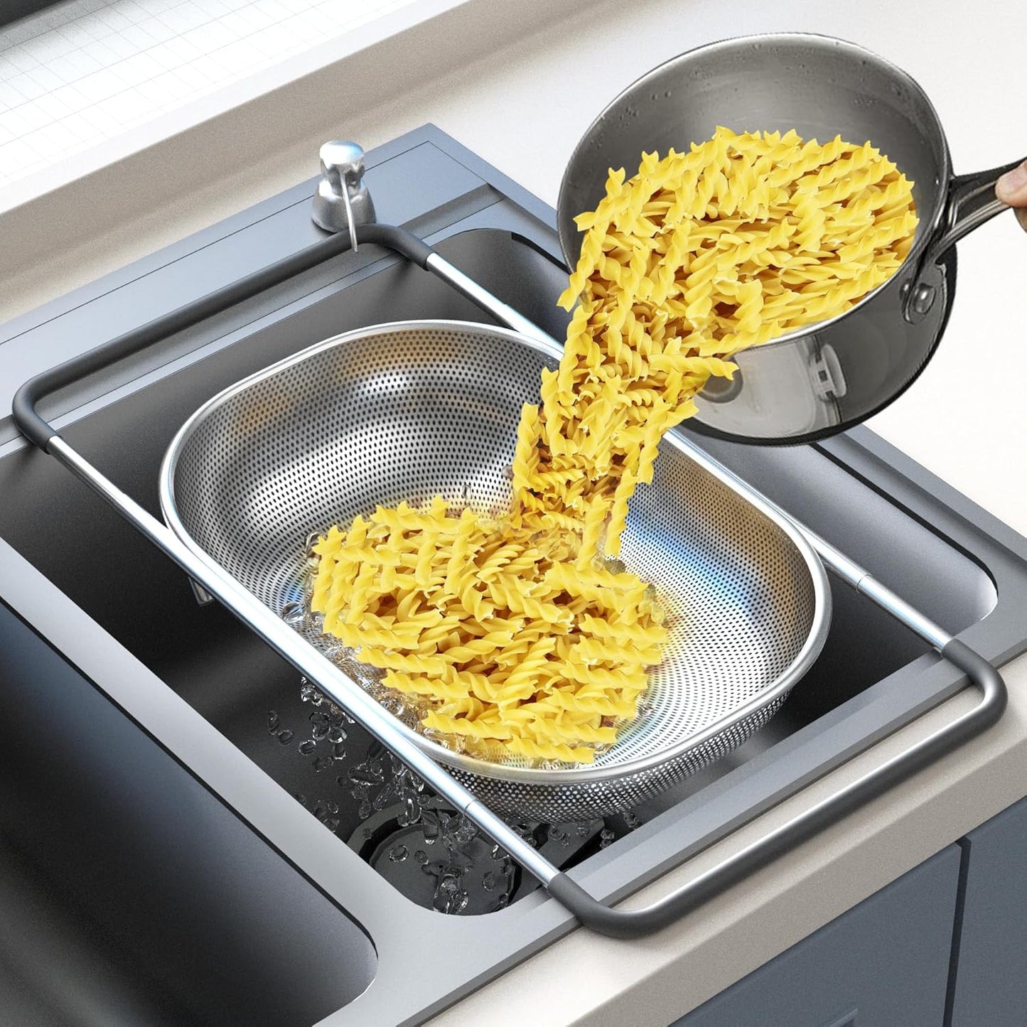 Expandable Over-the-Sink Colander with Rubber Grip - Fine Mesh Strainer for Vegetables, Fruits, and Pasta - Essential Kitchen Tool (9.5W x 13.4-21.3L x 3.3H)