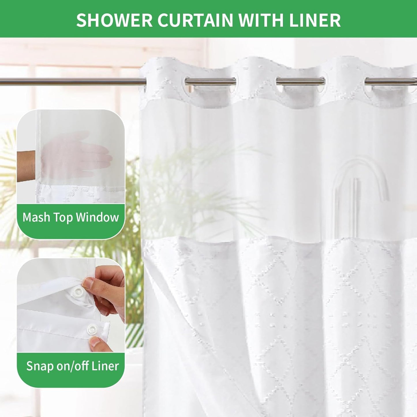 White No Hook Shower Curtain with Fabric Snap in Liner Set, Boho Tufted Chevron Striped Shabby Chic Textured Shower Curtain with a Mash Top Window, Hotel Decor, 71" W X 74" L