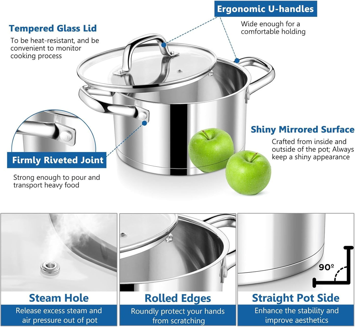 4 Quarts Cooking Stock Pot with Lid, Stainless Steel Stockpot Induction Pot for Soup, Tri-Ply Bottom & Clear Glass Lid & Double Handle, Dishwasher Safe