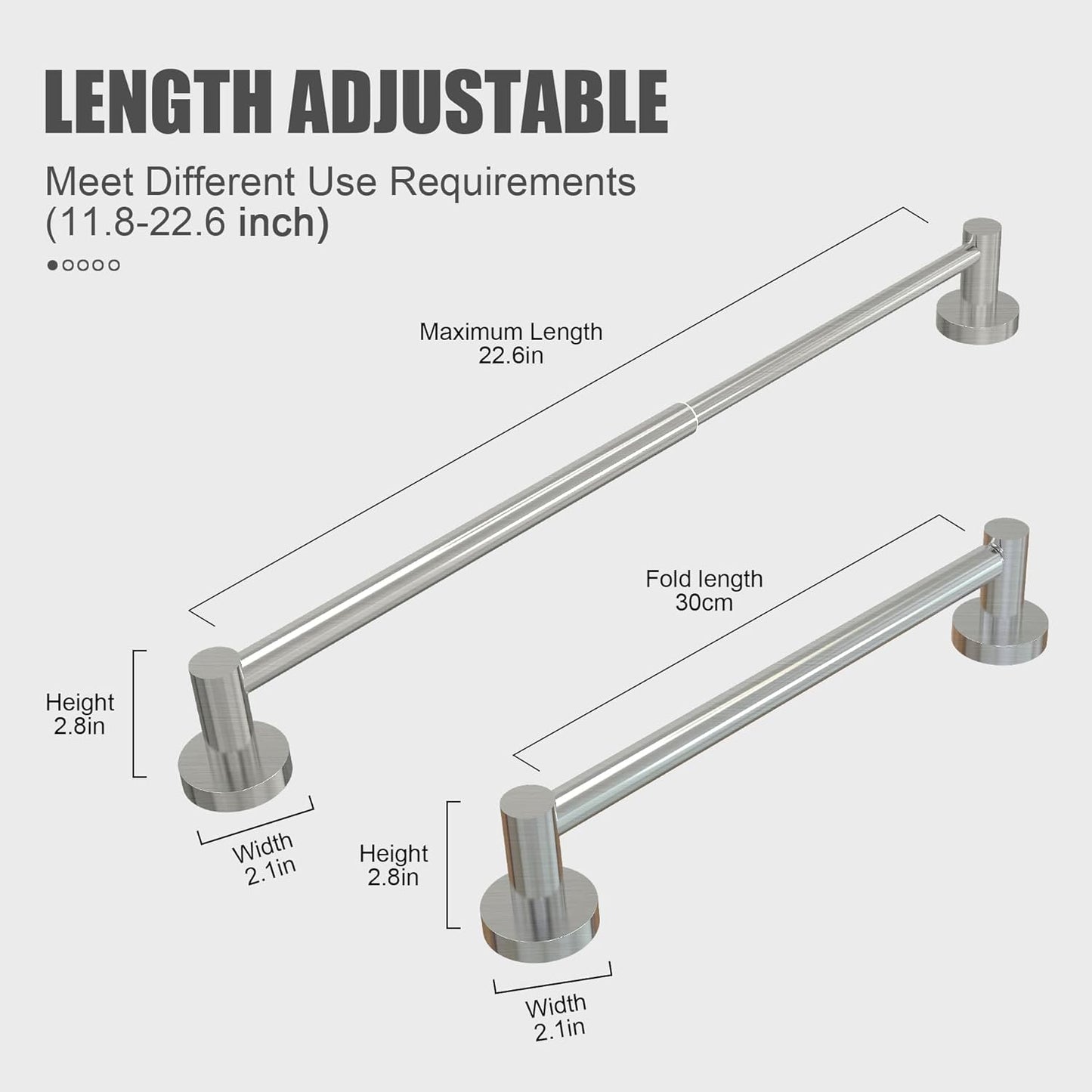 Adjustable 304 Stainless Steel Wall-Mounted Towel Bar for Bathroom (11.8-Inch to 22.6-Inch) - Durable and Rustproof in Silver