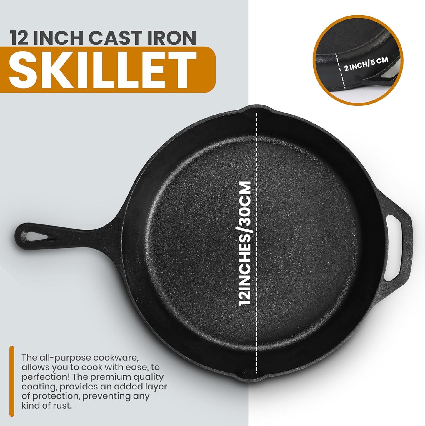 Saute Frying Pan 12 Inch, Cast Iron Chefs Pan, Pre Seasoned Cast Iron Skillet with Lid, Safe Grill Cookware for Indoor & Outdoor Use, Black