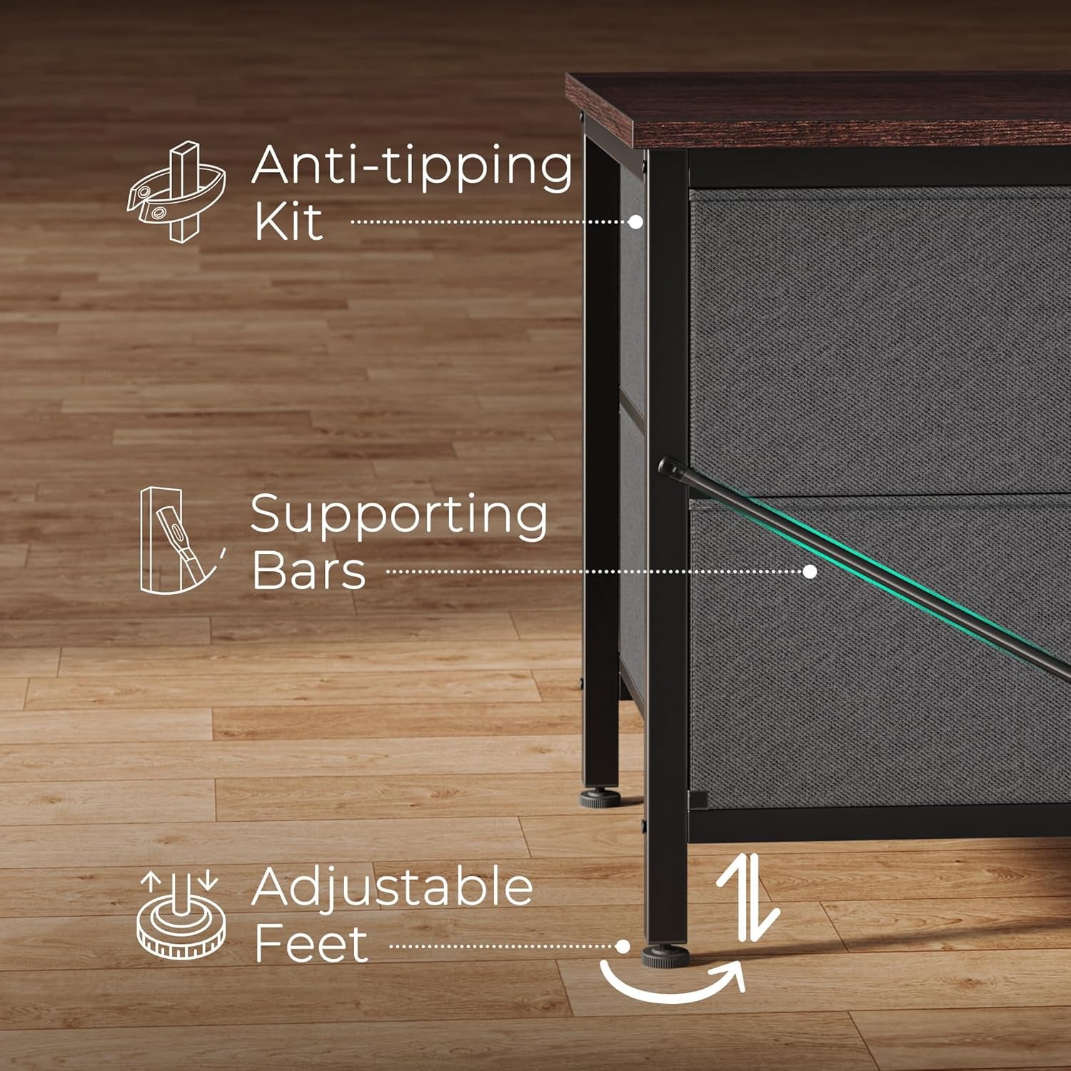 7-Drawer Fabric Dresser and TV Stand, 47-Inch Wide Chest for 43-55 Inch TVs, Metal Frame, Dark Grey, Ideal for Bedroom and Clothing Storage