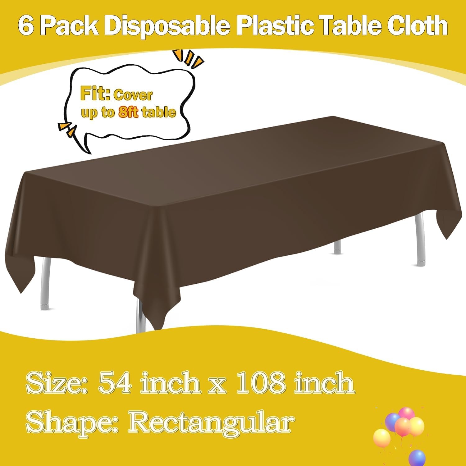 Brown 6 Pack Plastic Table Cloth 54" X 108", Disposable Tablecloths Rectangle Table Cover, Plastic Tablecloths for Parties