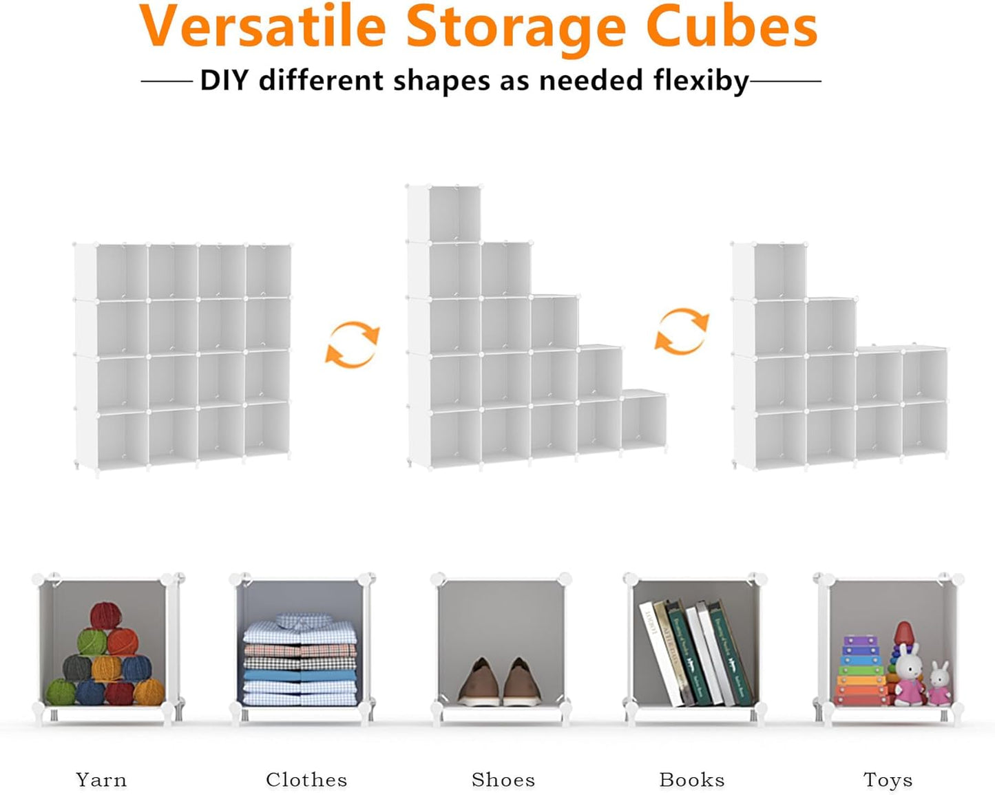Cube Storage Organizer, 16 Cube Closet Organizer, Stackable Storage Cube Shelves, DIY Portable Closet Clothes Organizer Shelving for Bedroom, Closet, Wardrobe, Bathroom, White