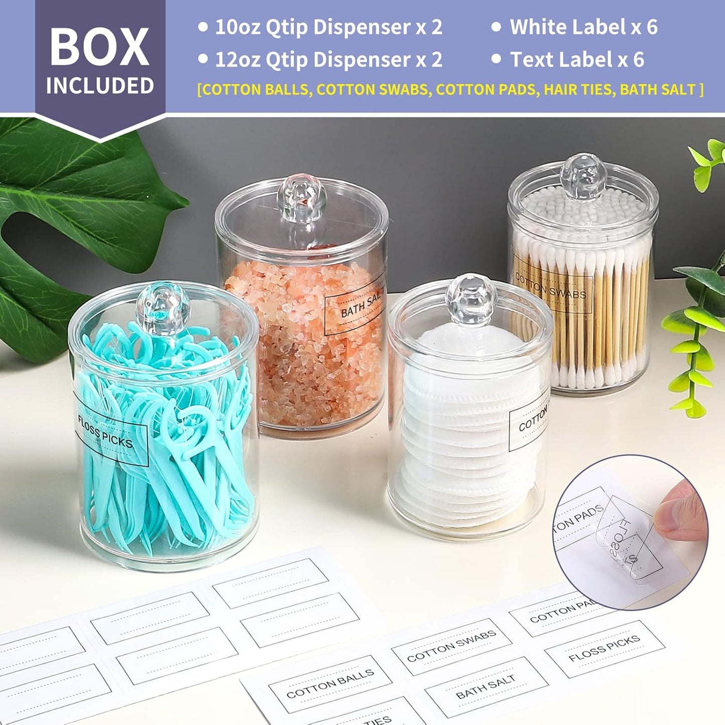 Qtip Holder Dispenser - 4 Pack 10Oz, 12Oz Clear Plastic Apothecary Jars Set - Restroom Bathroom Makeup Organizers Containers for Cotton Ball/Swab/Round Pads, Floss, Hair Ties, Bath Salt
