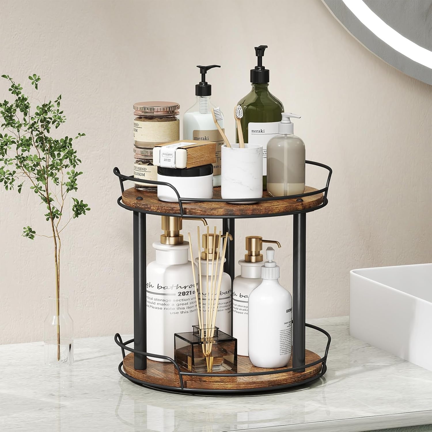 10.2'' Wood Lazy Susan Turntable Organizer for Cabinet, 2 Tier Lazy Susan Spice Rack Organizer for Kitchen, Table Top, Countertop, Pantry, Medicine Organizer