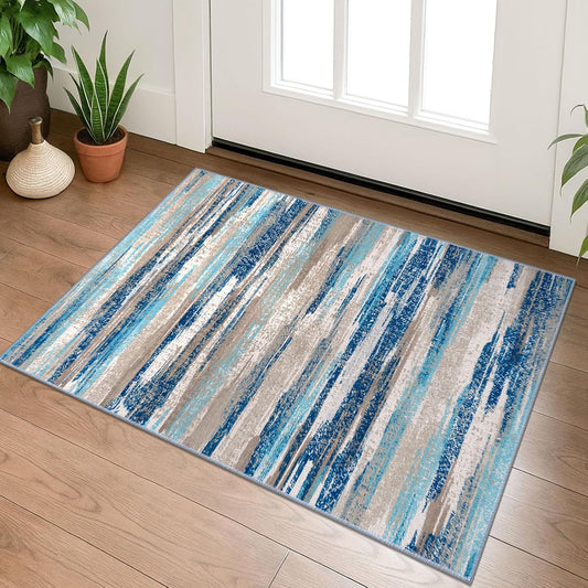 Modern Abstract Entryway Rug Indoor 2X3 Washable Rug Non-Slip Soft Small Area Rug Blue Kitchen Mats Thin Print Faux Wool Floor Carpet Throw Rugs for Entrance Bedroom Office Home Decor