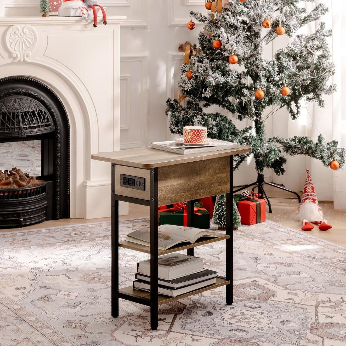 End Table with Charging Station, Flip Top Side Table with USB Ports and Outlets, Sofa Couch Table Bedside Table for Living Room Bedroom, Narrow Nightstand with Storage Shelves for Small Space