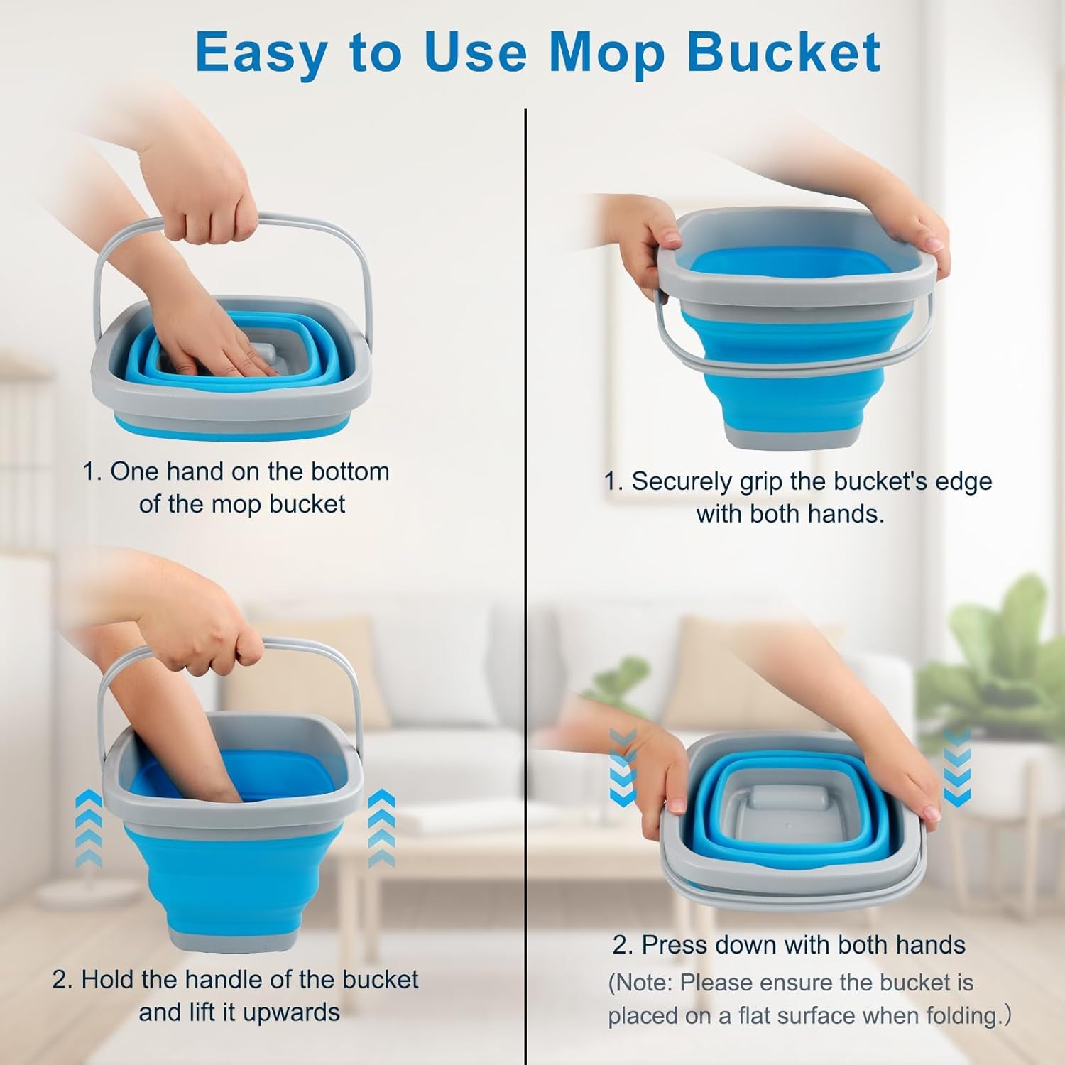 Collapsible Mop Bucket and Ice Bucket-5L(1.3 Gallon) Household Cleaning Silicone Dust Mops Bucket, Portable Bathroom Cleaning Supplies Square Bucket for Cleaning