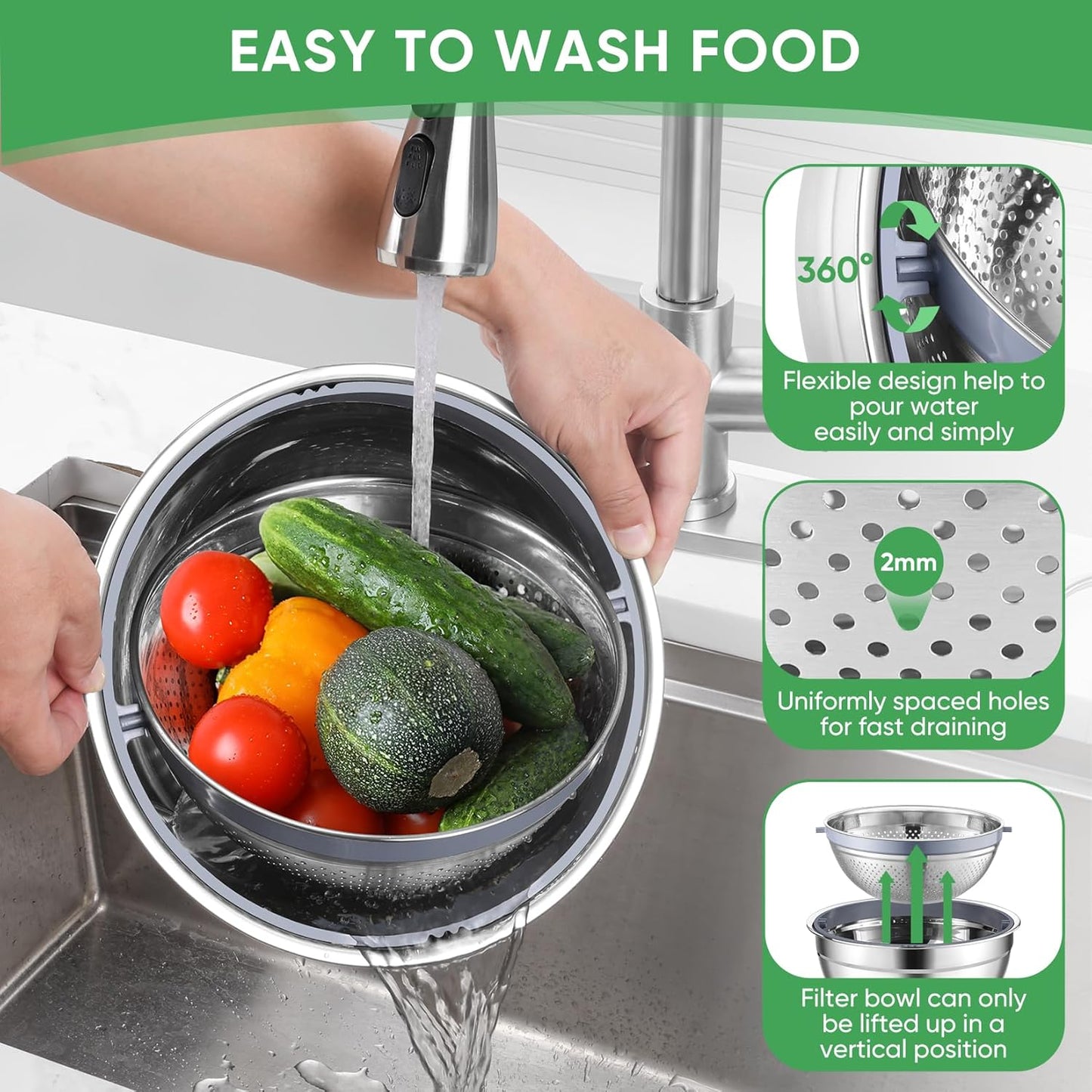 Mixing Bowls with Lids Set of 3, Stainless Steel Mixing Bowl and Colander for Kitchen, 3 Grater Attachments & Non-Slip Bottoms, Visible & Airtight Lid, Multicolor