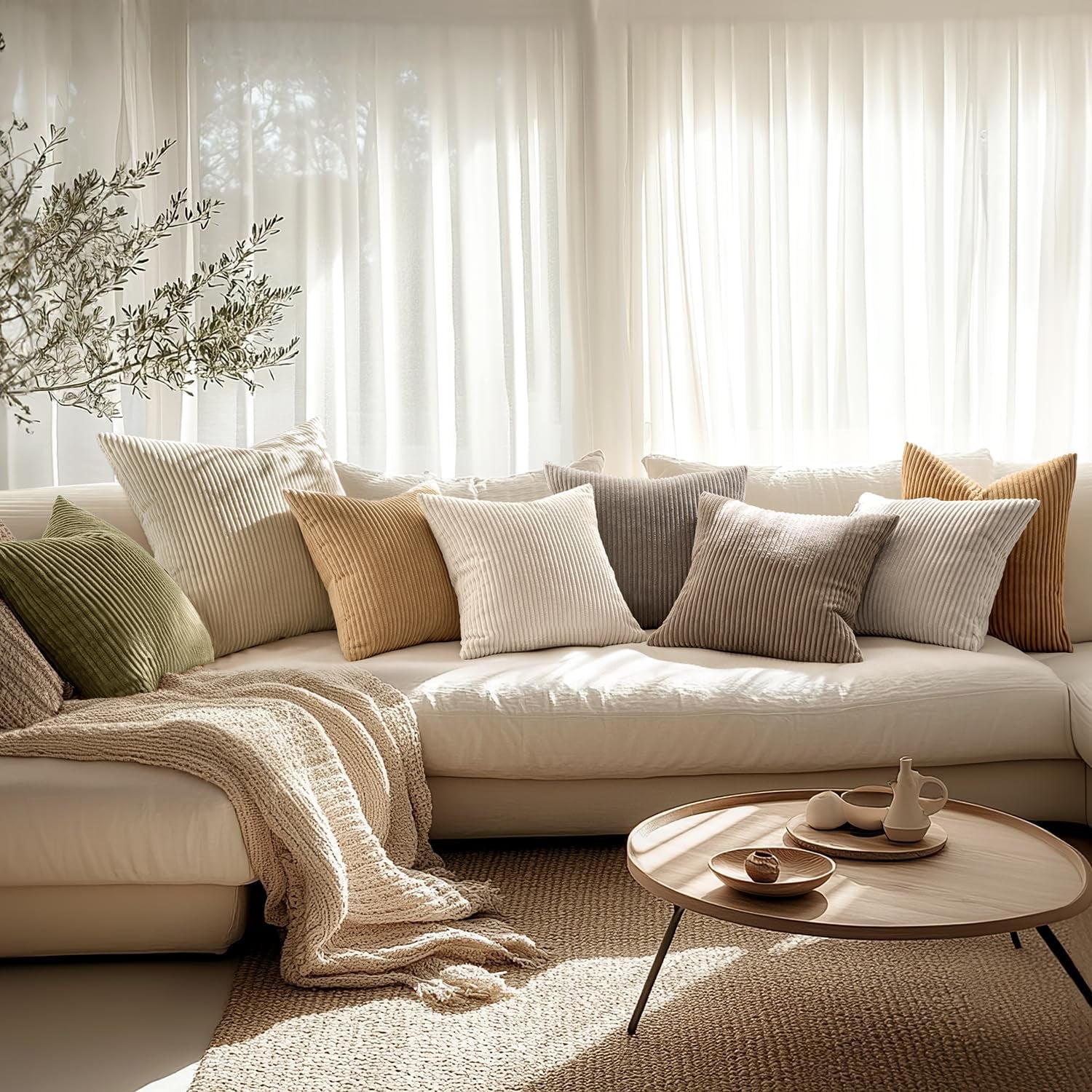 Set of 2 Cream White Corduroy Pillow Covers - Soft Decorative Square Cushion Cases for Sofa, Bedroom, and Car (18 x 18 Inches / 45 x 45 cm)