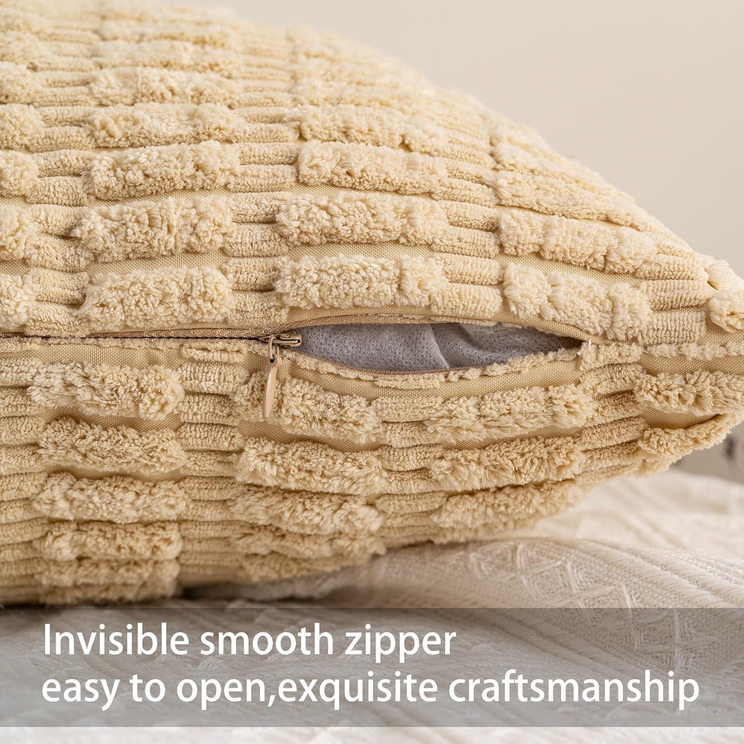 Pack of 2 Corduroy Decorative Throw Pillow Covers 18X18 Inchsoft Boho Striped Pillow Covers Modern Farmhouse Home Decor for Sofa Living Room Couch Bed(Beige)