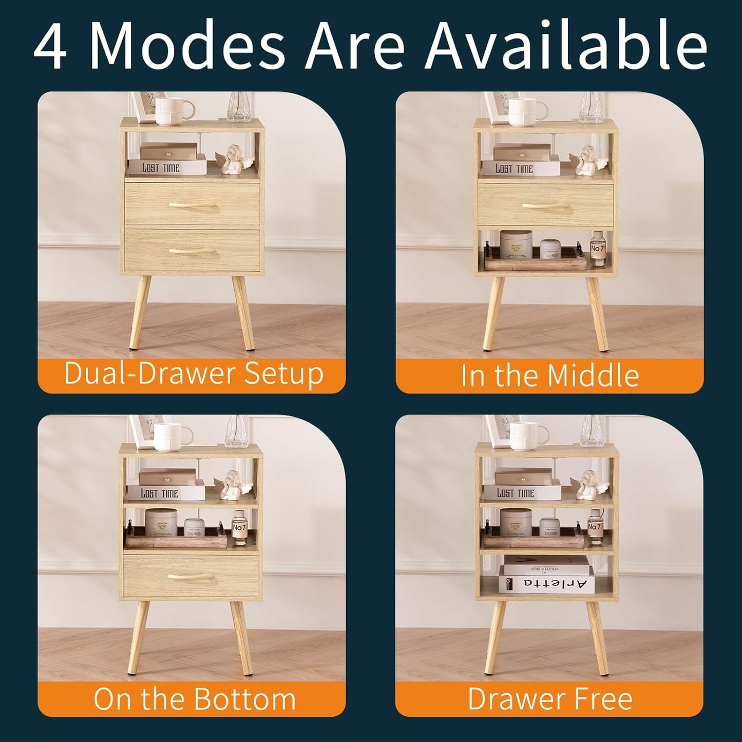 LED Night Stand with Charger Station, Mid Century Modern Nightstand with Fabric Drawers, Bedside Table Nightstands with Storage Shelf, Bed Side Table Small Night Stands for Bedroom Living Room