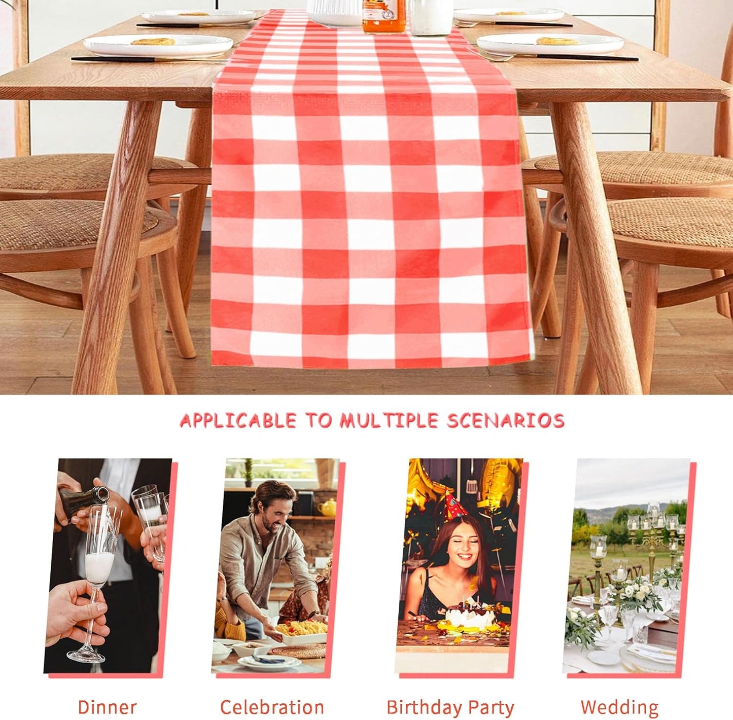 Fabric Checkered Table Runner 1 Pack Waterproof Gingham Table Runner 14W X 108L Buffalo Check Table Runners for Parties Kitchen Dining Wedding Banquet (Red and White)