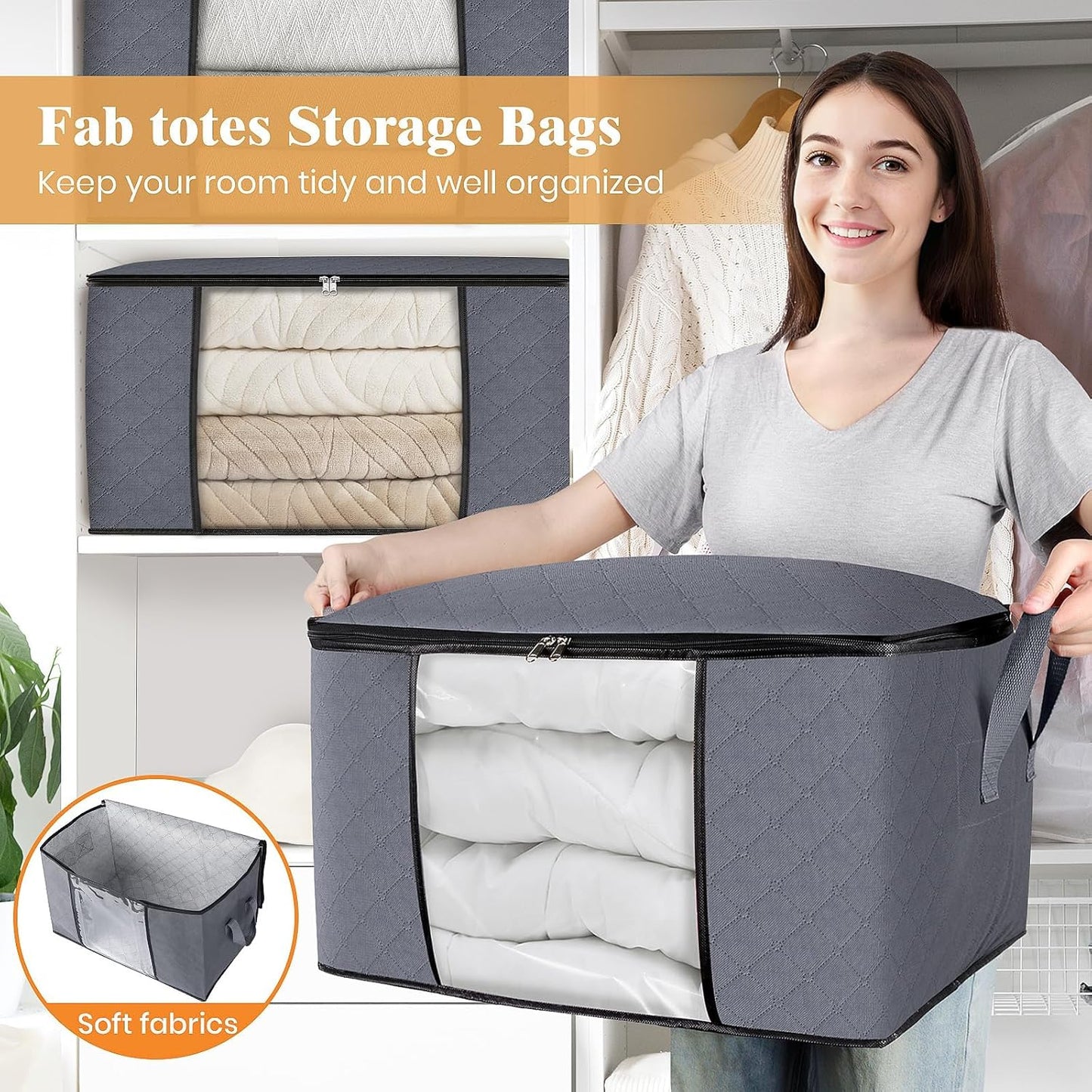 6 Pack Clothes Storage, Foldable Thick Fabric Blanket Storage Bags, Containers for Organizing Bedroom, Closet, Clothing, Comforter,Closet Organization with Handle,Grey