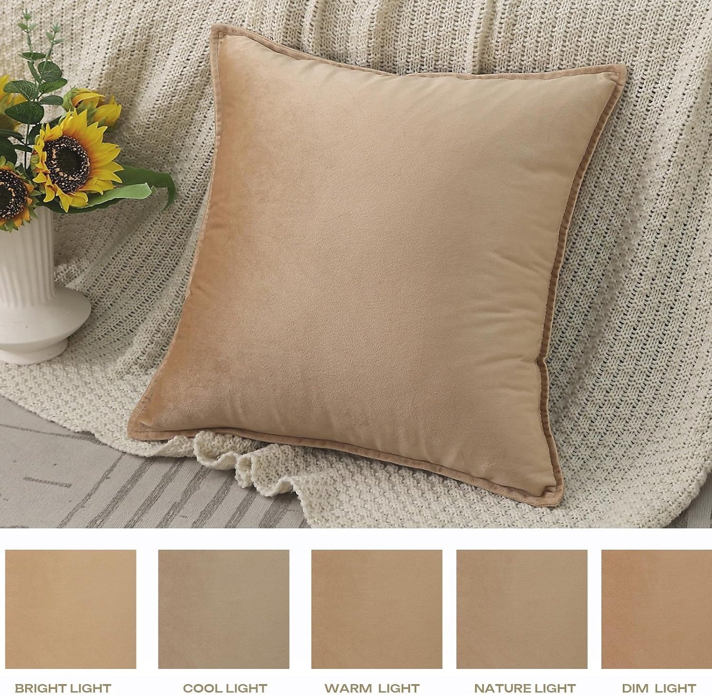 Velvet Khaki Throw Pillow Covers Pack of 2 Spring Decorative Soft for Couch Sofa Bed Livingroom Office 18×18 Inches