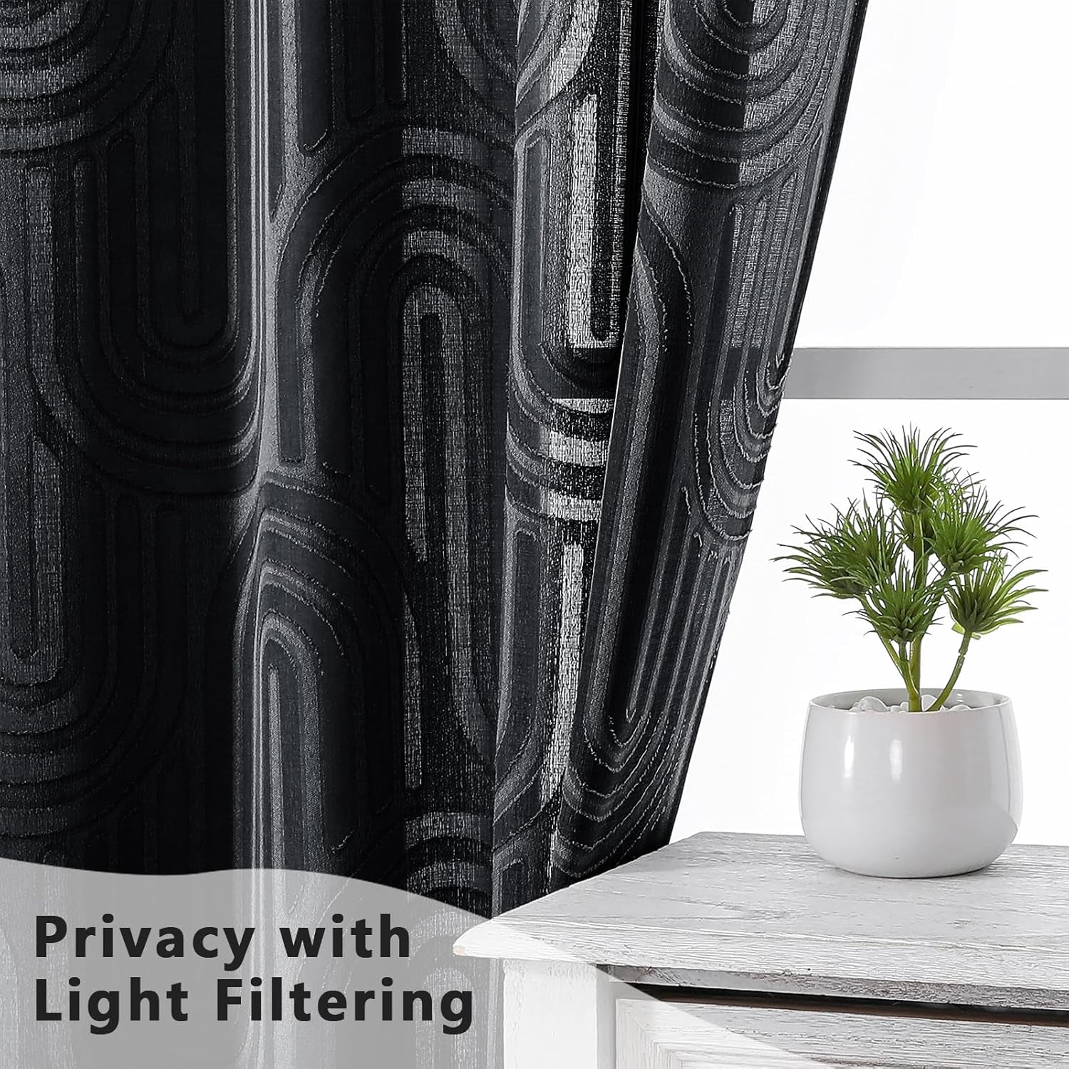 Sheer Black Curtains Kitchen 36 Inch Length 2 Panels Set for Window, Soft Airy Geometric Jacquard Semi Sheer Curtains for Bathroom, Modern Rod Pocket Window Curtains, 42Wx36L Inches